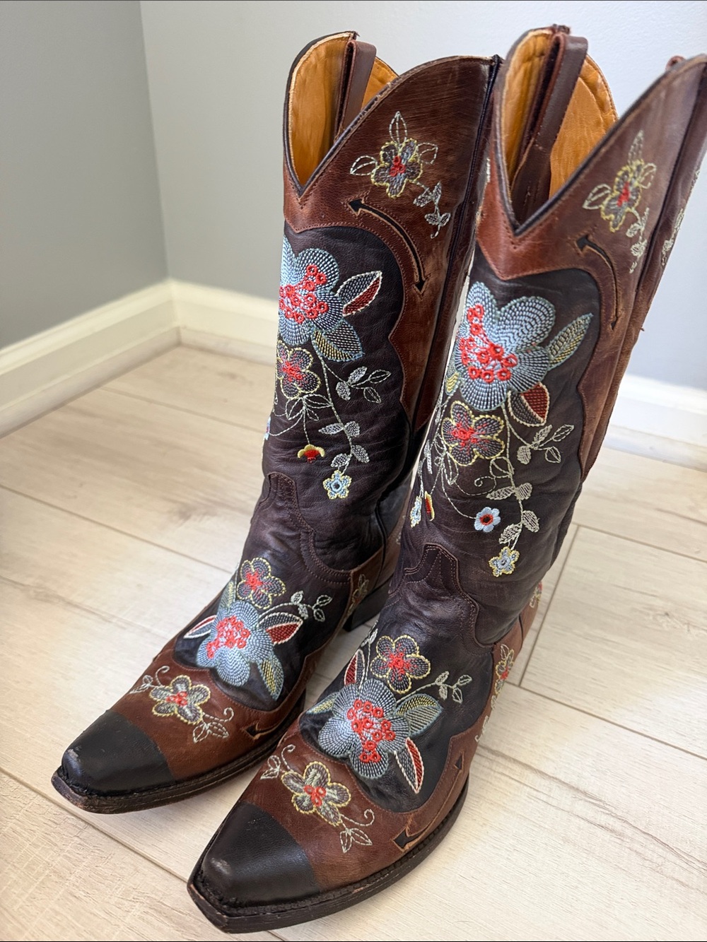 Women's Embroidered Bonnie Chocolate Brown Leather Cowboy Boots Old Gringo